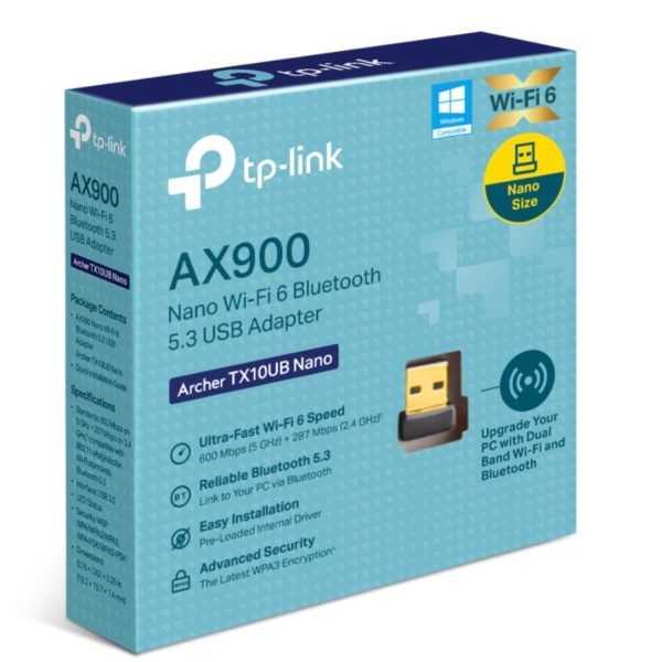 TP-Link Archer TX10UB Nano AX900 Nano Wi-Fi 6 Bluetooth 5.3 USB Adapter,  600 Mbps at 5 GHz + 287 Mbps at 2.4 GHz ,  Internal Antennas, USB 2.0