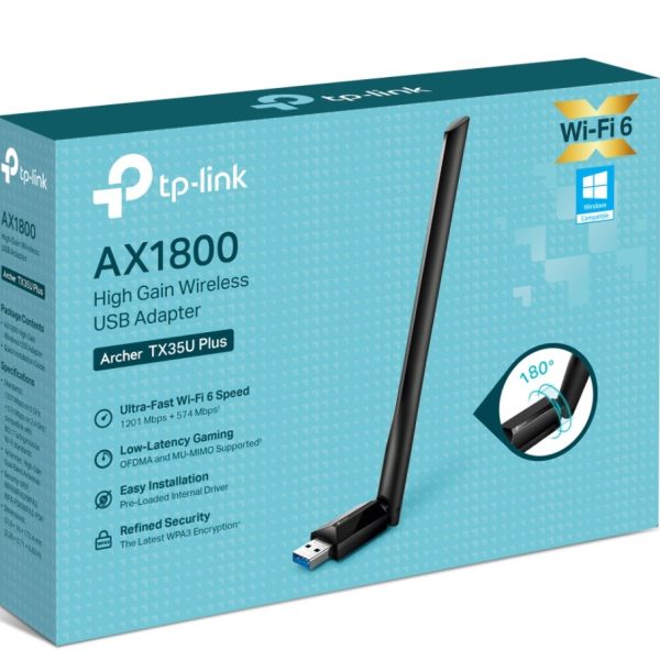 TP-Link Archer TX35U Plus AX1800 High Gain Wireless USB Adapter, 1201 Mbps at 5 GHz + 574 Mbps at 2.4 GHz, 1× High Gain External Antenna, USB 3.0
FEA