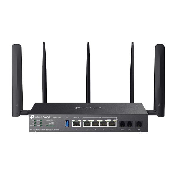 TP-Link DR3650v-4G Omada 4G+ Cat6 AX3000 Wi-Fi 6 Gigabit Desktop DSL Gateway, 574Mbps@2.4GHz + 2402Mbps@5GHz(HE160), VDSL2 350 350/60, VoIP Triple Wan
