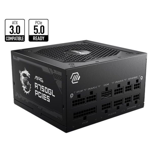 MSI MAG A750GL PCIE5 750W Up to 90% (80 Plus Gold) ATX Power Supply Unit, PFC, 100~240 VAC, 750W, 47-63Hz, PCI-E, SATA, FDD
