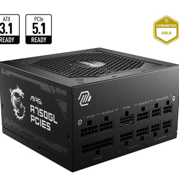 MSI MAG A750GL PCIE5 II Bulk – 750W ATX 3.1, 80+ Gold, full modular, PCIe 5.0 16-pin, 3x PCIe 6+2, 8x SATA, FDB fan, OCP/OVP/OPP/OTP/SCP/UVP, 120mm