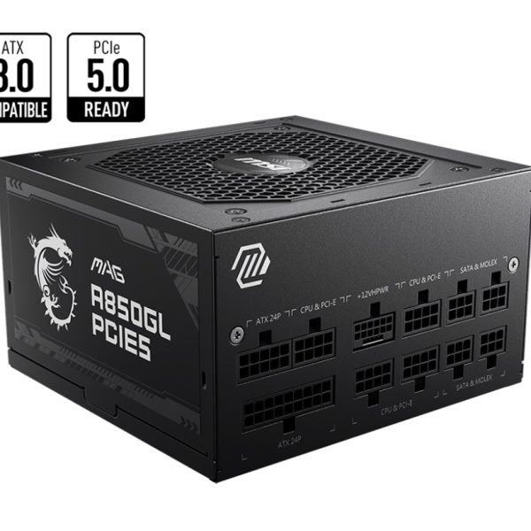MSI MAG A850GL PCIE5 850W Up to 90% (80 Plus Gold) ATX Power Supply Unit, PFC, 100~240 VAC, 850W, 47-63Hz, PCI-E, SATA, FDD