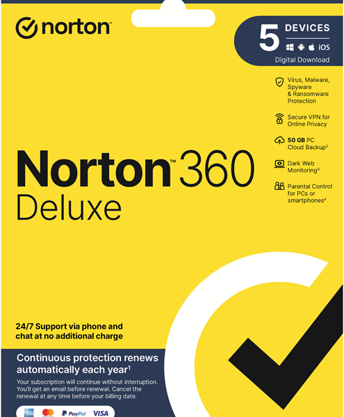 Norton 360 Deluxe 50GB AU 1 User, 5 Devices, 12 Months, Digital Key via Email (Available on Leader Cloud)