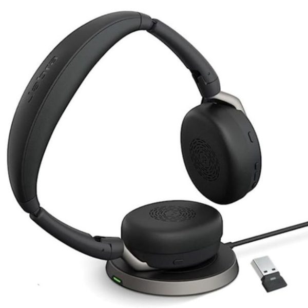 Jabra Evolve2 65 Flex MS Stereo Bluetooth Headset, Link380a USB-A Dongle & Wireless Charging Stand Foldable Design, 2Yr Warranty, 30m Wireless Range
