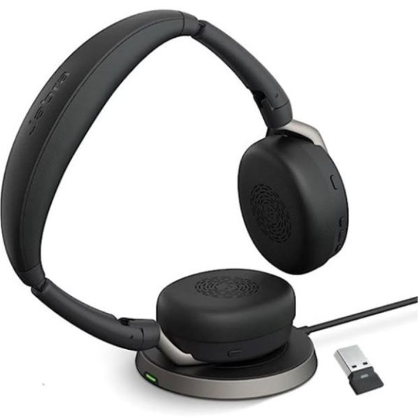 Jabra Evolve2 65 Flex MS Stereo Bluetooth Headset, Link380c USB-C Dongle & Wireless Charging Stand Included, Foldable Design, 2Yr Warranty, ANC