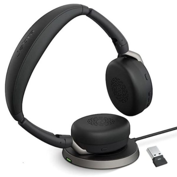 Jabra Evolve2 65 Flex UC Stereo Bluetooth Headset, Link380a USB-A Dongle & Wireless Charging Stand Included, Foldable Design, 2Yr Warranty, ANC