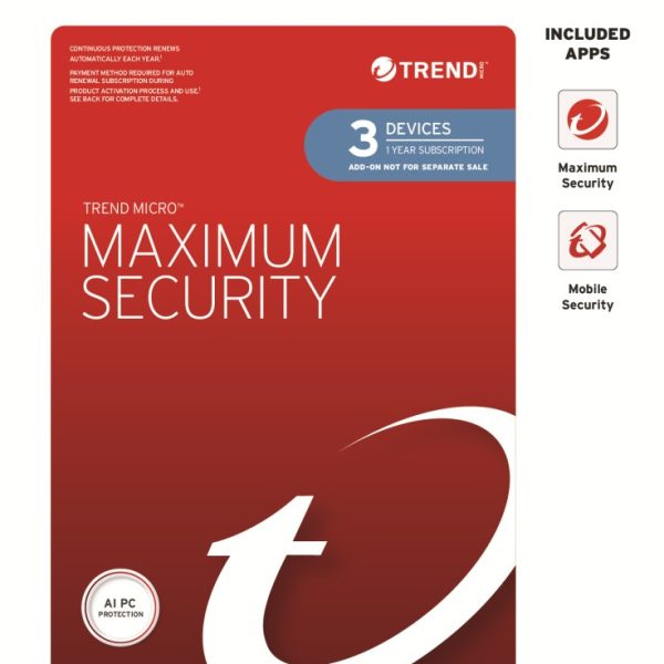 Trend Micro Maximum Security Plus (3 Devices) 1 Year Add-on Auto Renew OEM (Plus = Secure VPN / Cleaner Pro)