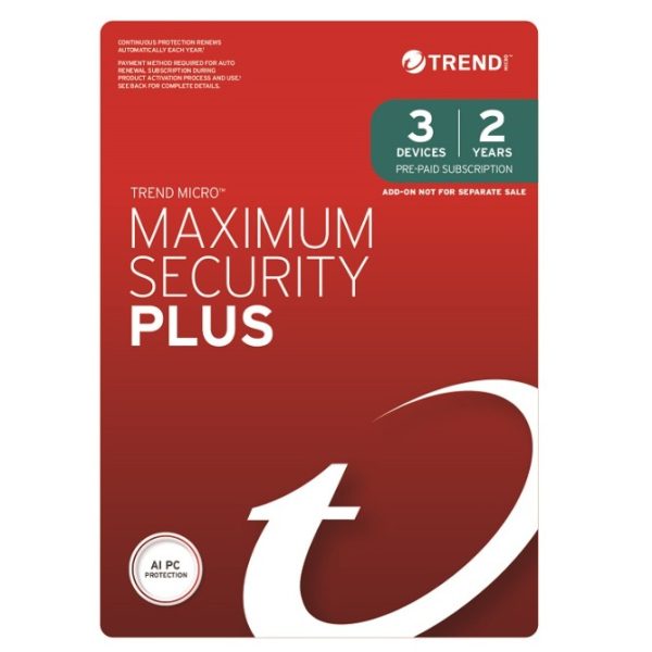 Trend Micro Maximum Security Plus (3 Devices) 2 Year Add-on Auto Renew OEM (Plus = Secure VPN / Cleaner Pro)