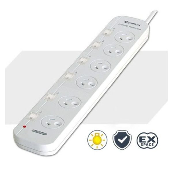 Sansai 6 Way Powerboard 6 Outlet 10A 240V Individually Switched 3 extra spaced sockets 1M Length