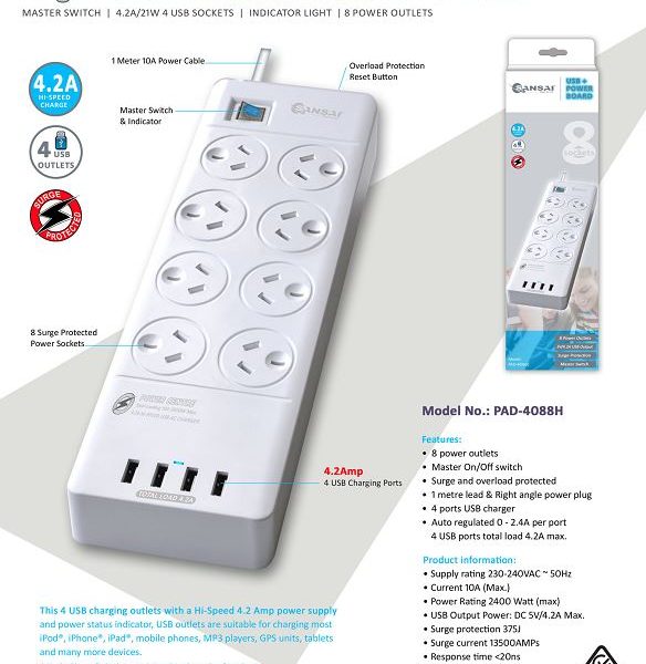 Sansai 8 Outlets & 4 USB Outlets Surge Protected Powerboard Master On/Off switch 1M lead & Right angle plug 230-240VAC IV Retail box