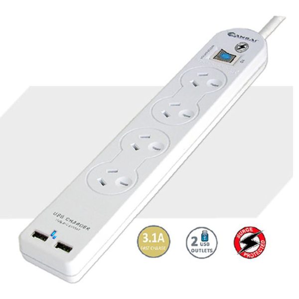 Sansai 4 Way Basic Powerboard USB Ax2 4 Outlets Master Switch Surge and overload protection1M Length