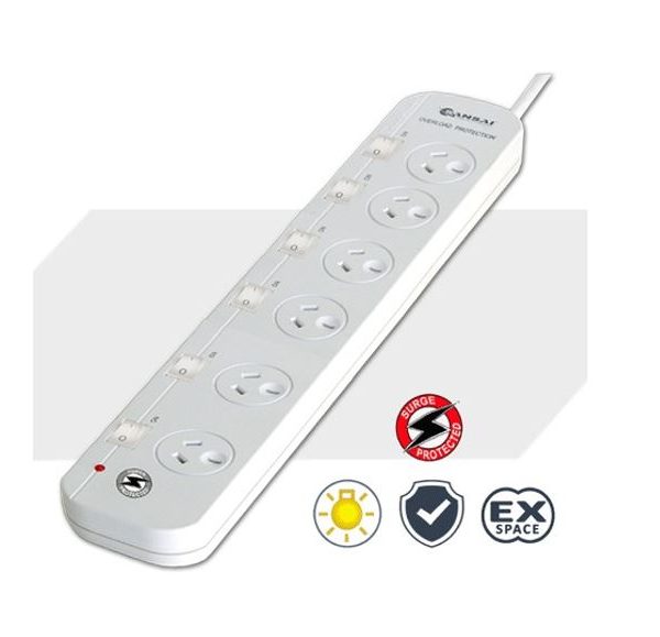 Sansai 6-Way Power Board (661SW) with Individual Switches and Surge Protection Overload Protected Reset button Indicator Light 100CM Lead 240VAC 10A