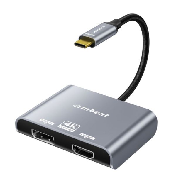 (LS) mbeat® Tough Link USB-C to DP&HDMI Dual 4K/60Hz MST Adapter 4K (3840x2160) @ 60Hz, 4K (3840x2160) @ 30Hz, 2K (2560x1440) @ 60Hz - Space Grey