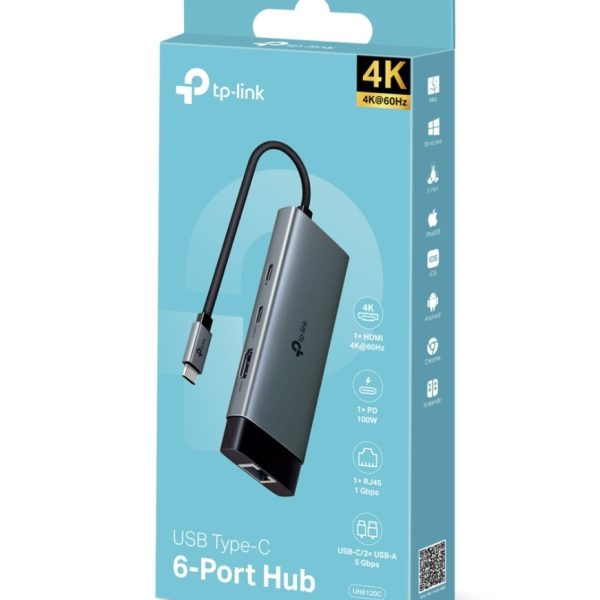 TP-Link UH6120C USB Type-C 6-Port Hub,4K@60Hz HDMI, 1 Gbps ethernet, 100W Power Delivery, 1× USB-C Data Ports, 2× USB-A Data Ports.