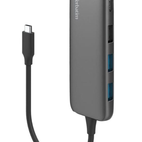 Verbatim USB-C Hub with 2 x USB-A 3.2 Gen 1 supports up to 5Gbps data transfer, 1 x USB-C supports up to 5Gbps data transfer - Space Grey