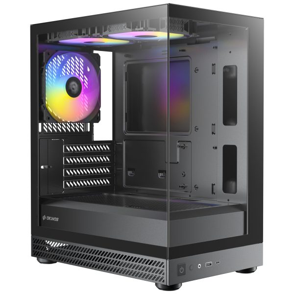 OKINOS AQUA UNO BLACK, Mini Tower, Micro-ATX/ITX, tempered glass, 3×120mm ARGB fans, USB 3.0 + Type-C, ≤309mm GPU, ≤165mm CPU cooler, steel