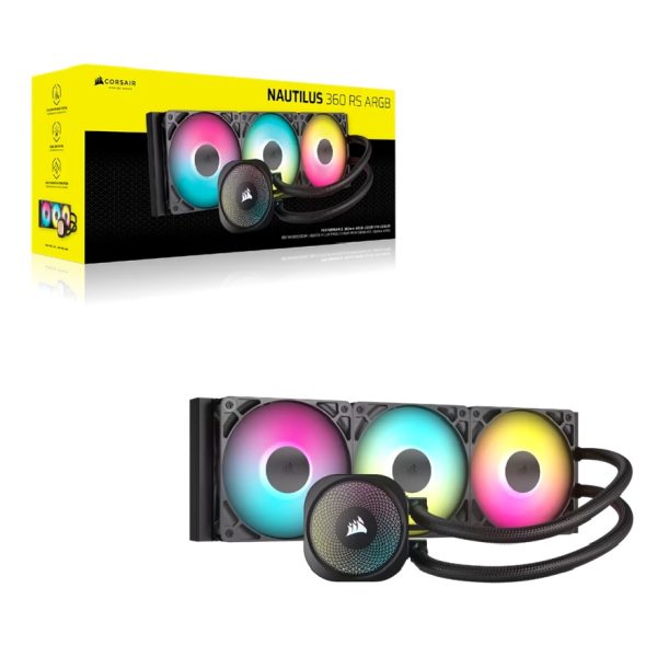 Corsair NAUTILUS 360 RS ARGB Liquid CPU Cooler, Aluminum Rad, Copper Cold Plate, PWM Fan Control, 1700 RPM, 360mm rad, 450mm Tubing, 3x Fans