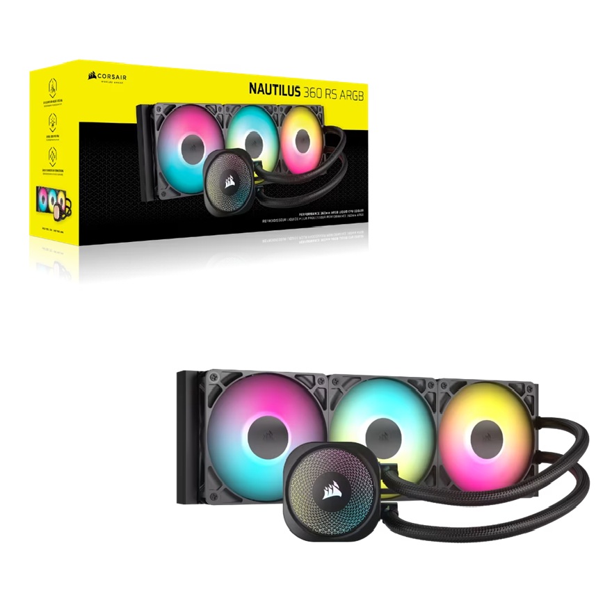 Corsair NAUTILUS 360 RS ARGB Liquid CPU Cooler, Aluminum Rad, Copper Cold Plate, PWM Fan Control, 1700 RPM, 360mm rad, 450mm Tubing, 3x Fans