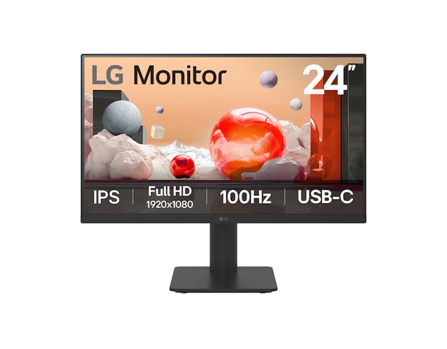 LG 24' IPS Full HD 100Hz Monitor, 1920x1080, 3-seide Virtually boarderless design, USB-C 65W PD, Height/Tilt adjustable, 5ms, 250 nits, 16:9, NTSC 72%