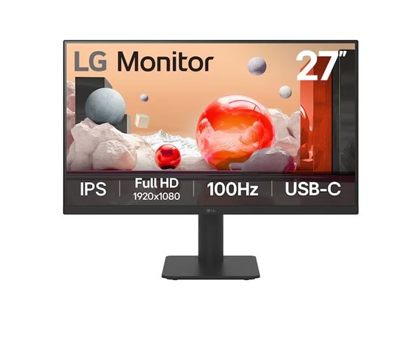LG 27' IPS Full HD 100Hz Monitor, 1920x1080, 3-side Virtually Borderless Design, USB-C 65W PD,  NTSC 72%, Height&Tilt Adjustable Stand