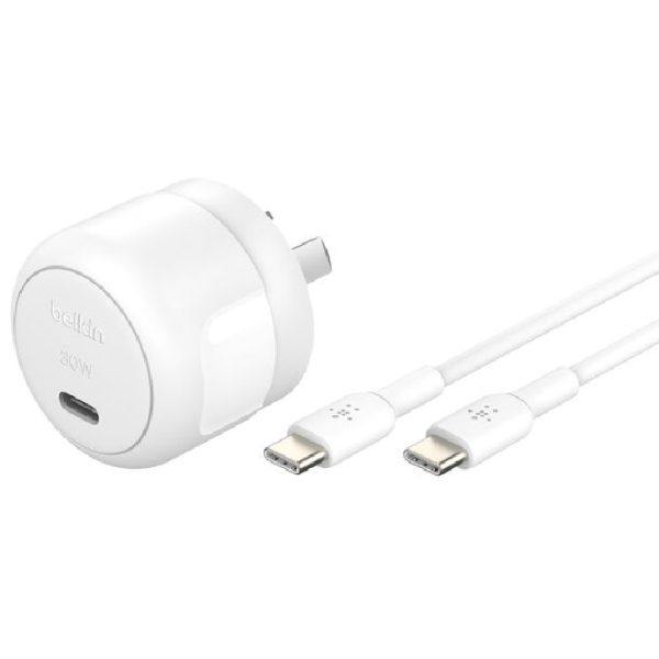 Belkin BoostCharge Compact 30W USB-C (PD 3.1) Wall Charger + USB-C to USB-C Cable (1M) - White (WCA008au1MWH-B6), Apple, CEW $2500, 2 Years Warranty