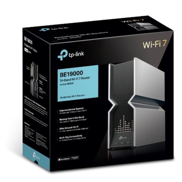 TP-Link Archer BE800 BE19000 Tri-Band Wi-Fi 7 Router (WIFI7) 1376 Mbps at 2.4 GHz + 5760 Mbps at 5 GHz + 11520 Mbps at 6 GHz, 8× Internal Antennas